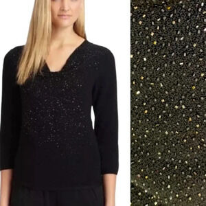 Eileen Fisher Wool Beaded Drape Cowl Neck Sweater Top Black Size XS